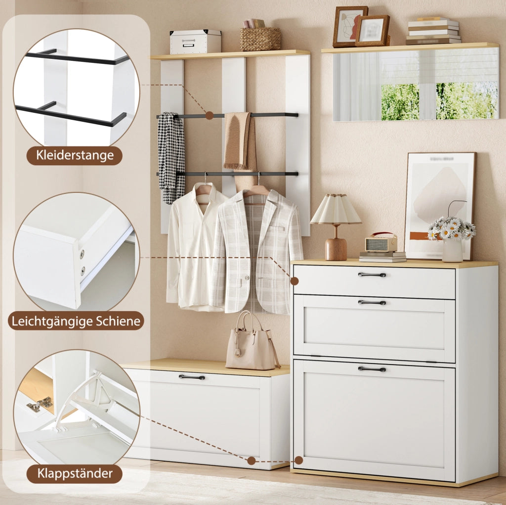 Mobile ingresso modulare 156x36x176 cm con scarpiera; specchio e appendiabiti; bianco e legno