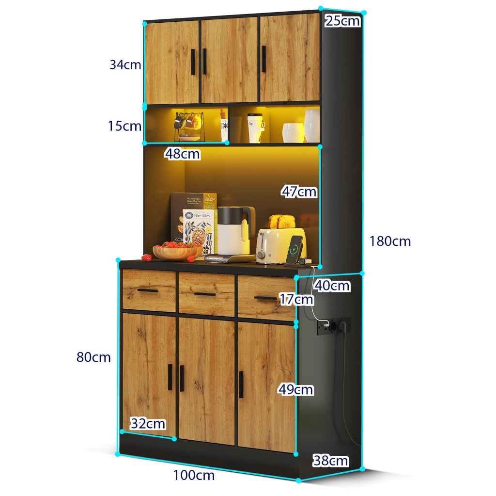 Credenza cucina moderna 100 x 40 x 180 cm in PB e MDF; nera e naturale; con LED e prese USB