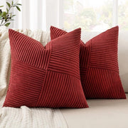 Set di cuscini decorativi 50x50 cm in corduroy rosso vino, 2 pezzi, stile patchwork per salotto