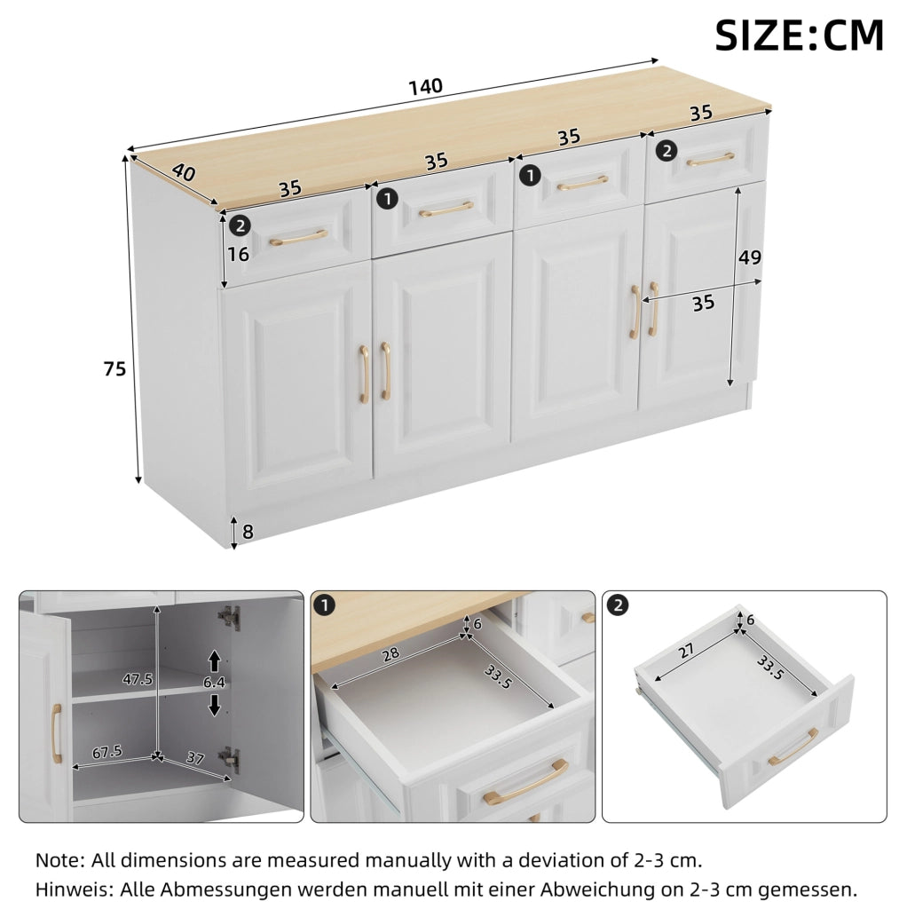 Credenza 140 cm con 4 cassetti e 4 ante in truciolare bianco e rovere