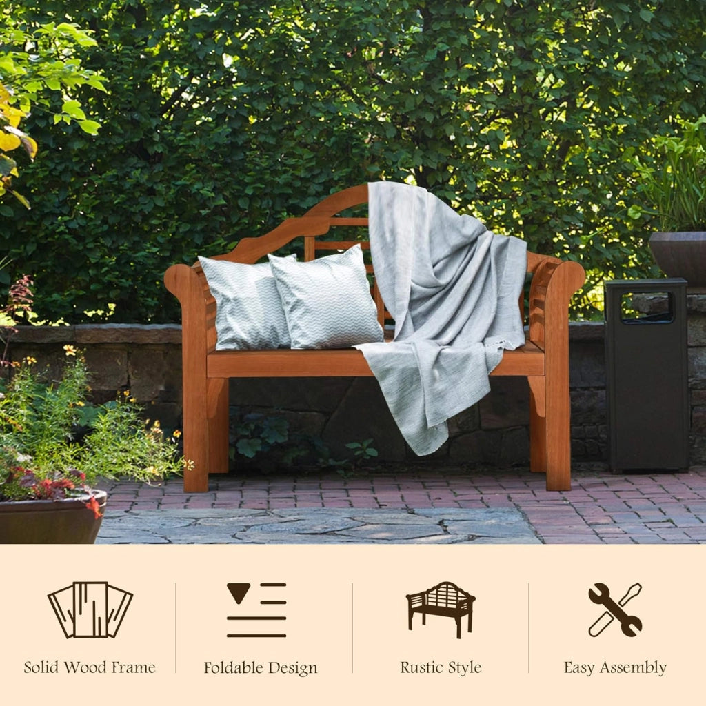 Panca da giardino pieghevole a 2 posti, in legno di acacia, con braccioli e schienale, portata massima 360 kg, per giardino, terrazza, balcone