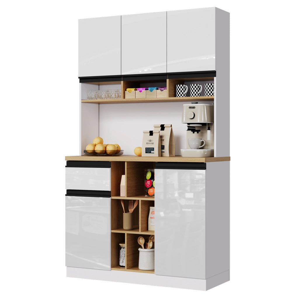 Credenza moderna bianca lucida 105×45×185 cm con ante, cassetto e vani aperti
