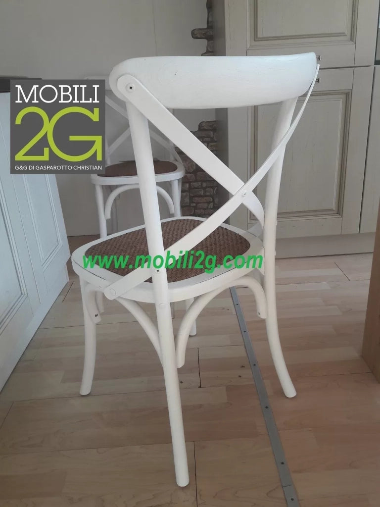 Set 6 sedie cross bistrot shabby vintage bianco olmo seduta rivestita rattan naturale modello