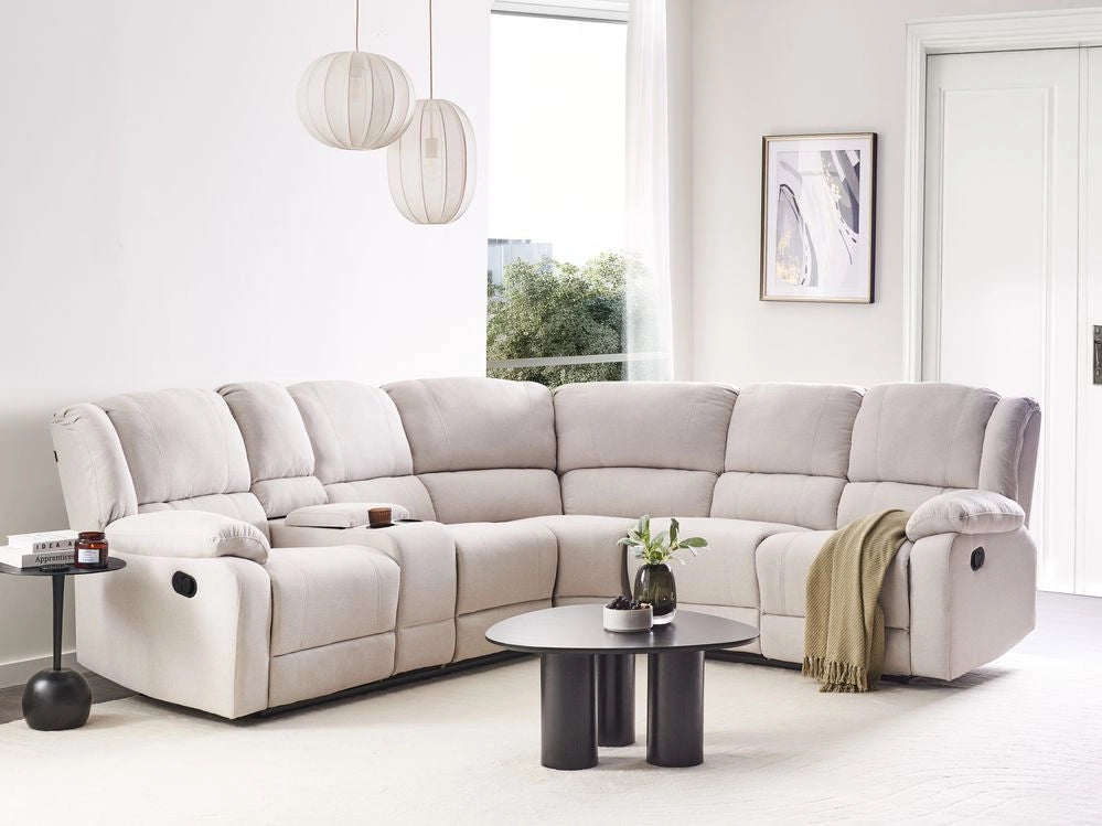 Divano angolare 5 posti in tessuto grigio cchiaro on schienale reclinabile manualmente stile moderno tradizionale