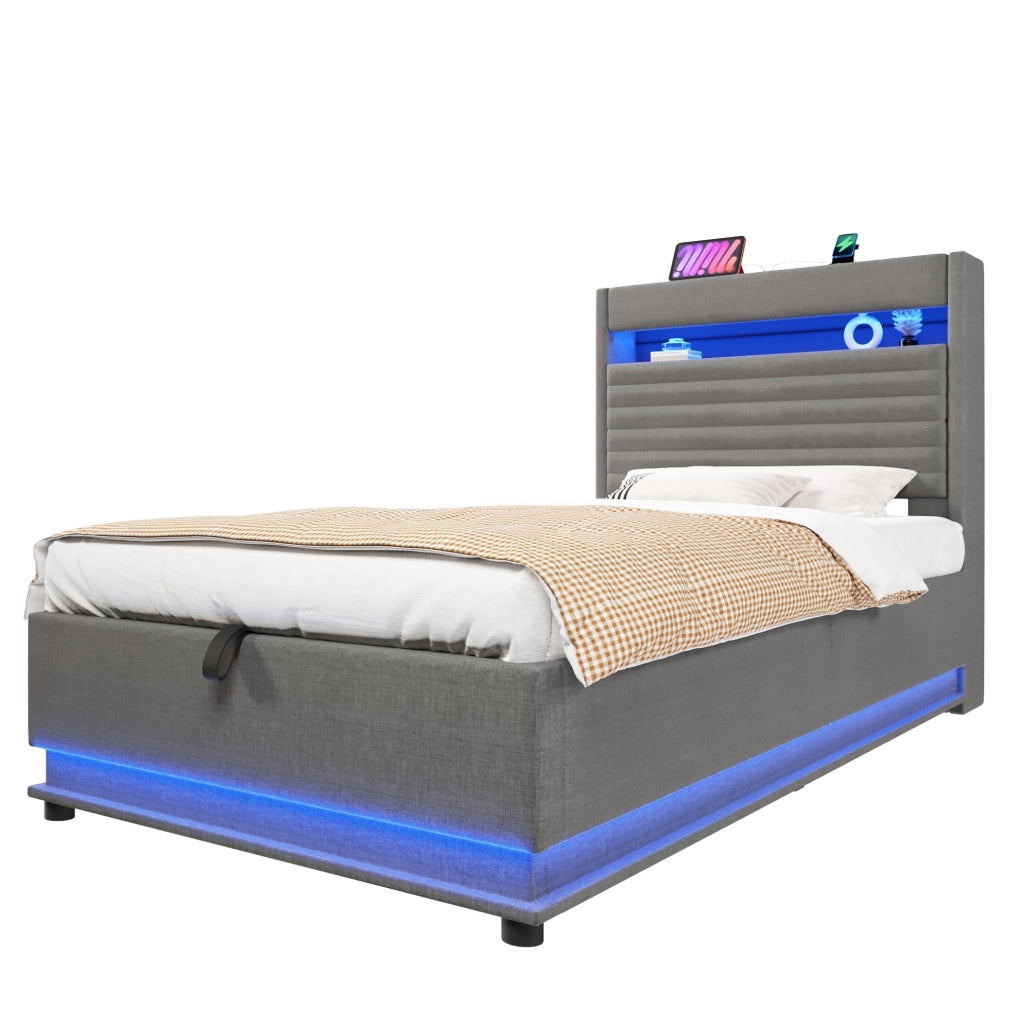 Letto imbottito 90x200 cm in lino grigio con contenitore idraulico; LED e porte USB