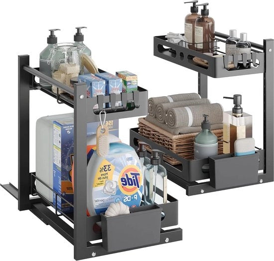 Set di 2 organizzatori per lavastoviglie a 2 piani - mobile da cucina estraibile - organizzatore multifunzionale per cucina e bagno - nero