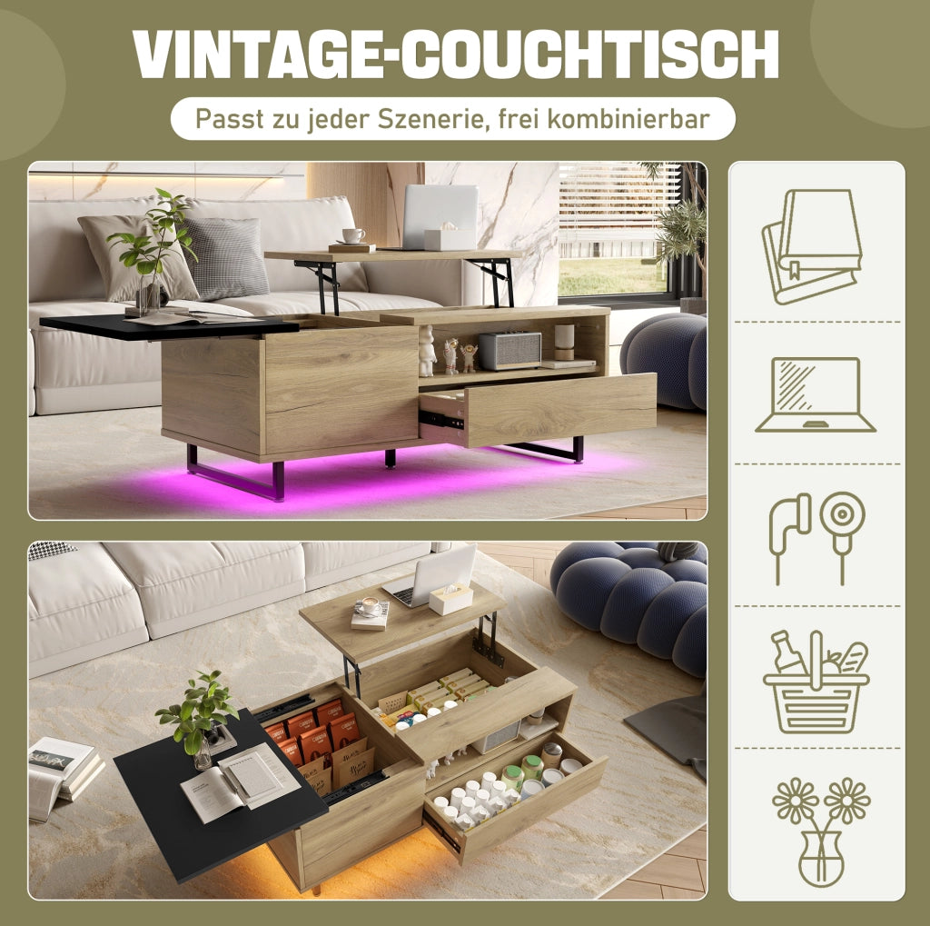 Tavolino da salotto elevabile con LED; cassetto e vani portaoggetti; 103;5x50x27;5 cm; naturale