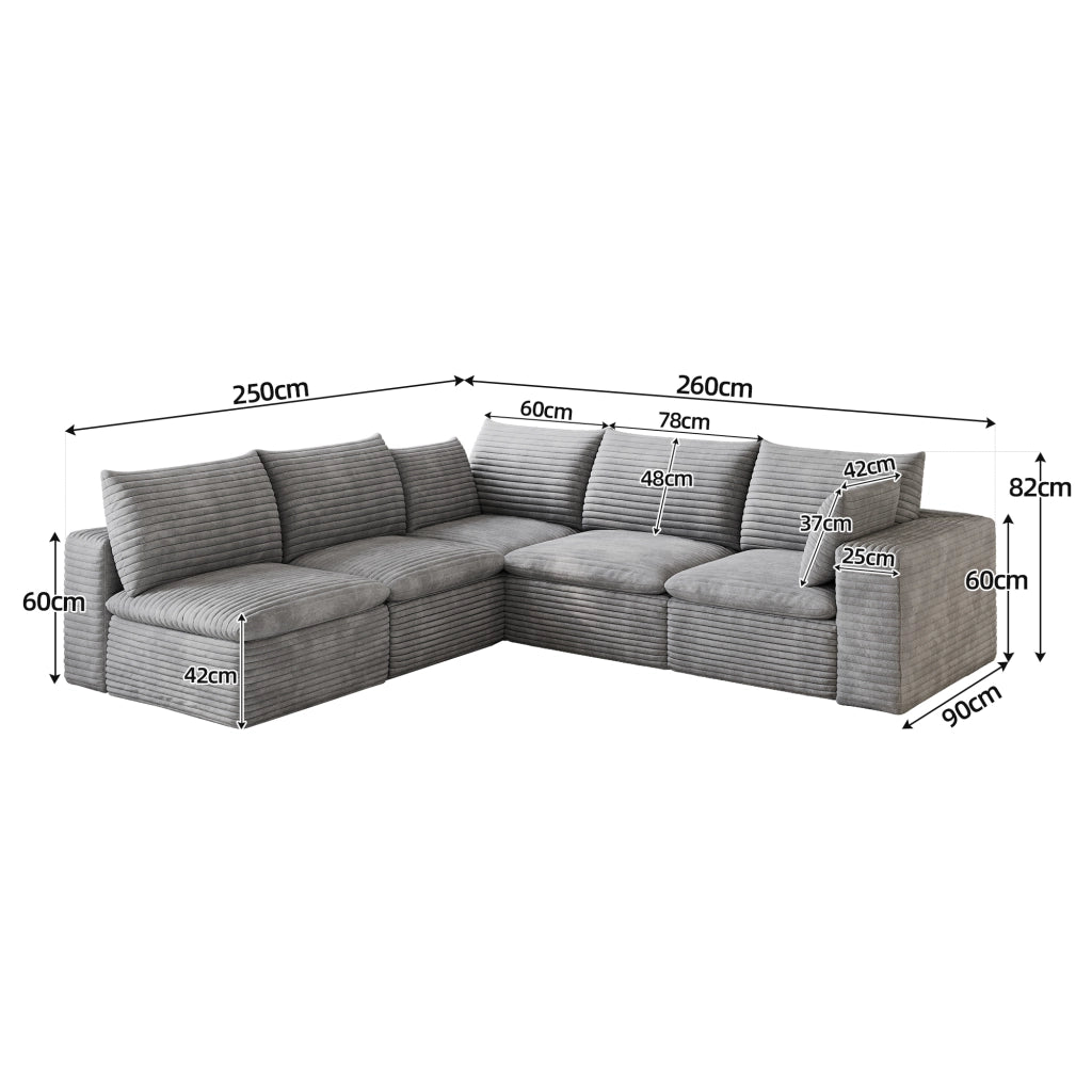 Divano Cloud 340cm ¨C MINIMAL ¨C Tessuto Velluto a Coste, Grigio Scuro, Imbottito, Sfoderabile