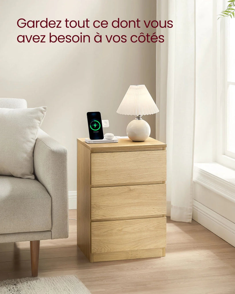 Comodino con multipresa tavolino con 3 cassetti 2 prese CA 2 porte USB frontali dei cassetti smussati per soggiorno camera da letto ufficio moderno 12_0007613