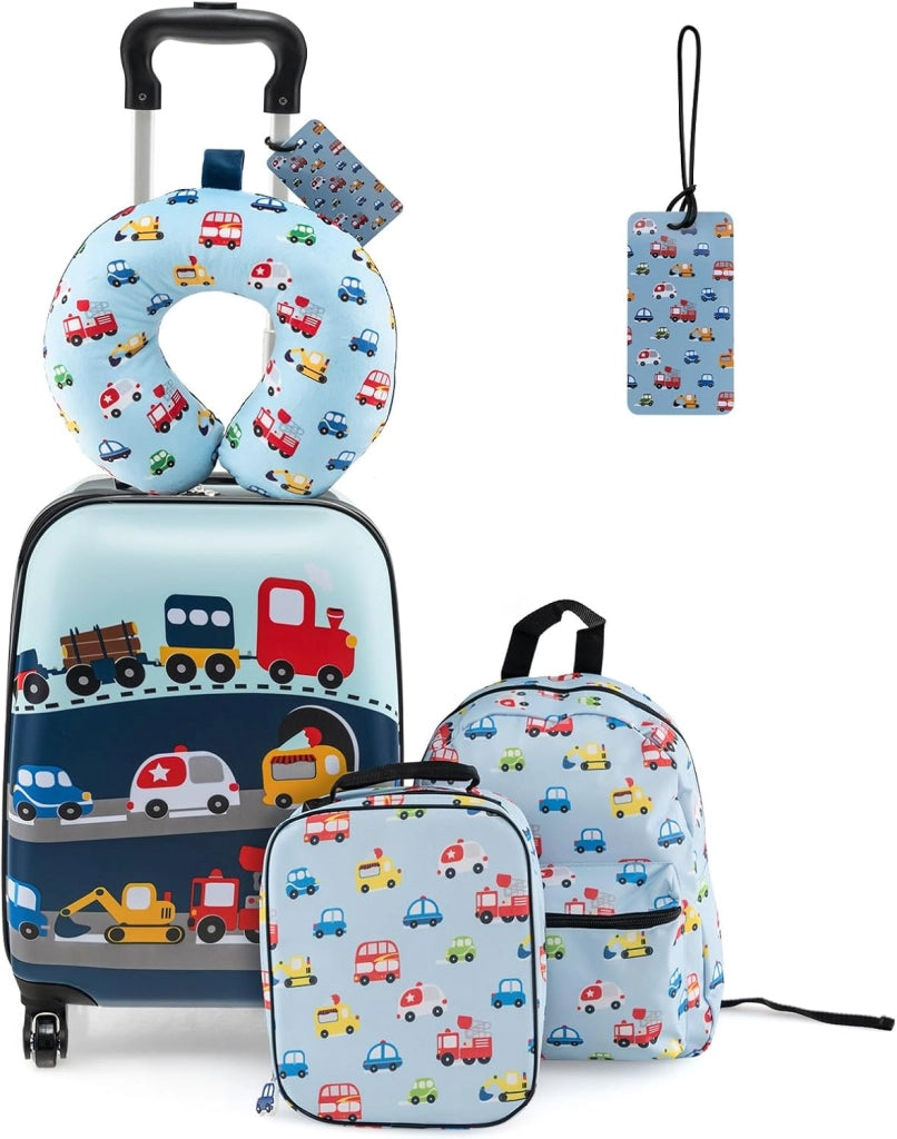 Set di 5 Pezzi Valigia 16’’ + Zaino 13’’ per Bambini, Bagagli 5-in-1 con Cuscino per Collo, Borsetta da Pranzo e Etichetta, Trolley con Maniglia Telescopica e Ruote Universali (Nero Dino-Space)
