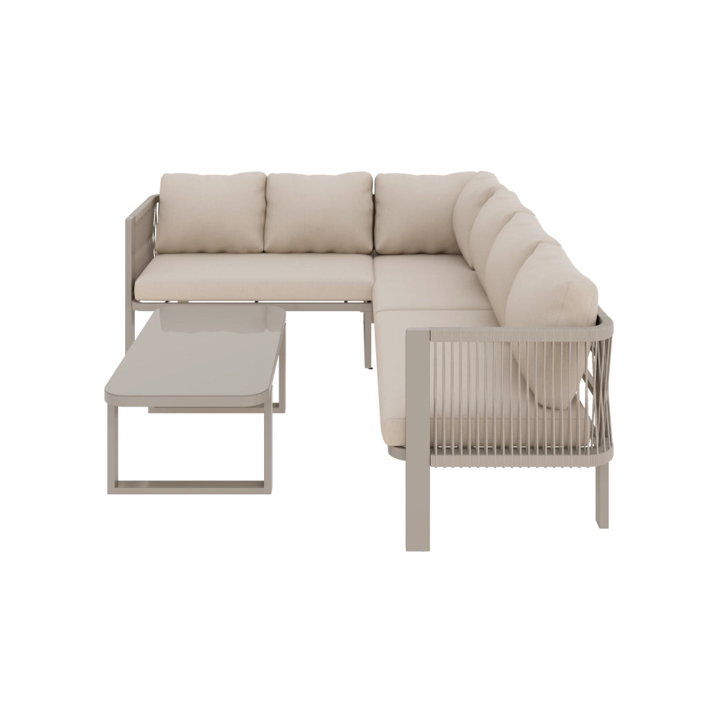Set Mobili da Giardino 6 Posti con Tavolo, Divano e Sedie ¨C MINIMAL ¨C Acciaio, Vetro, Textilene, Beige