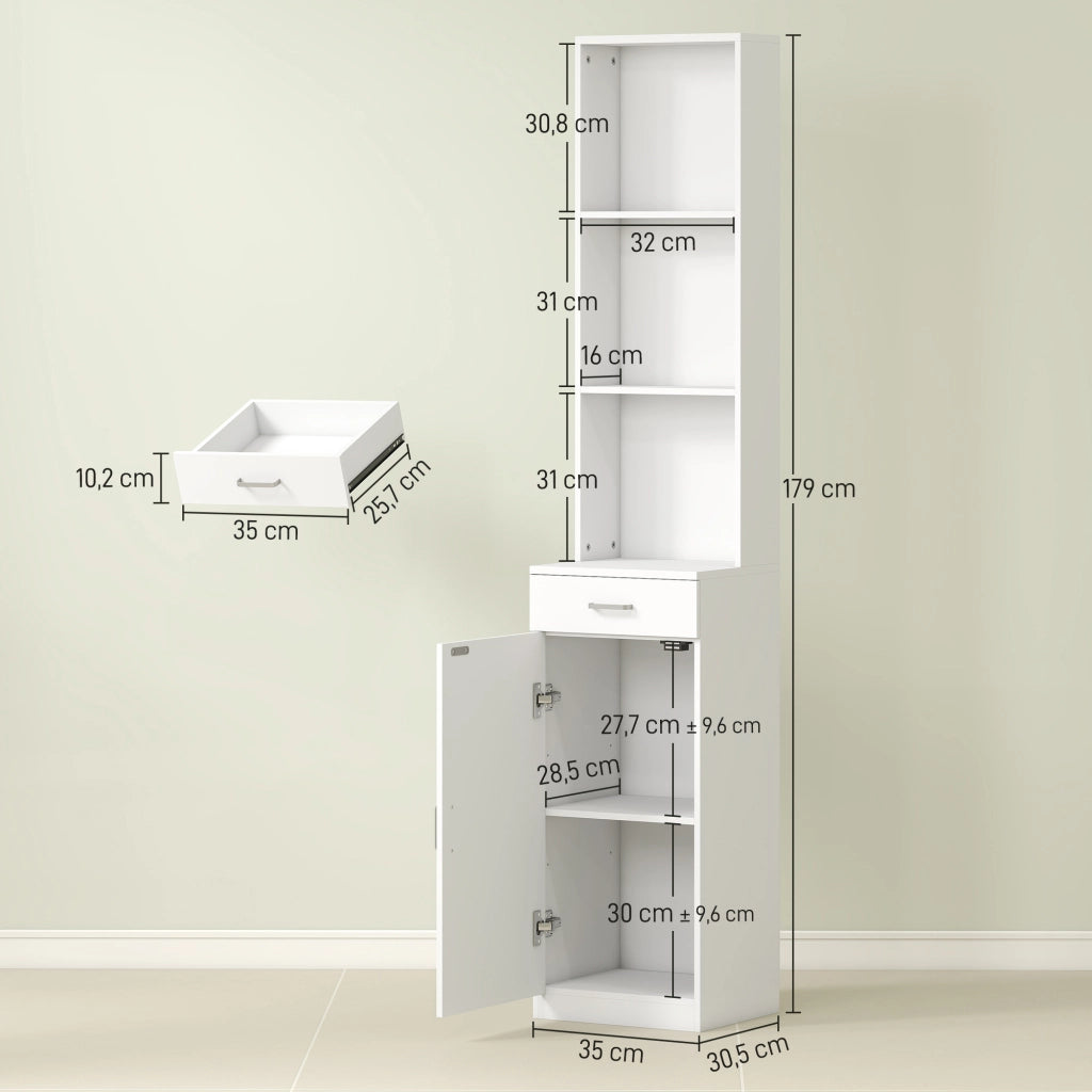 Armadietto Bagno Alto Stretto con Cassetti e Ripiani ¨C zephmum ¨C Bianco Truciolato 30x30x