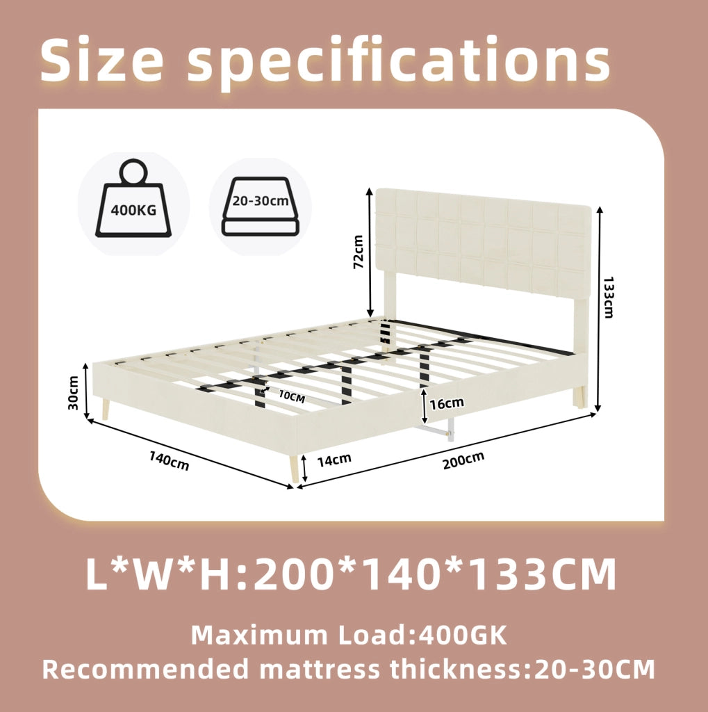 Letto 140x200 cm con testiera imbottita a quadri in velluto beige