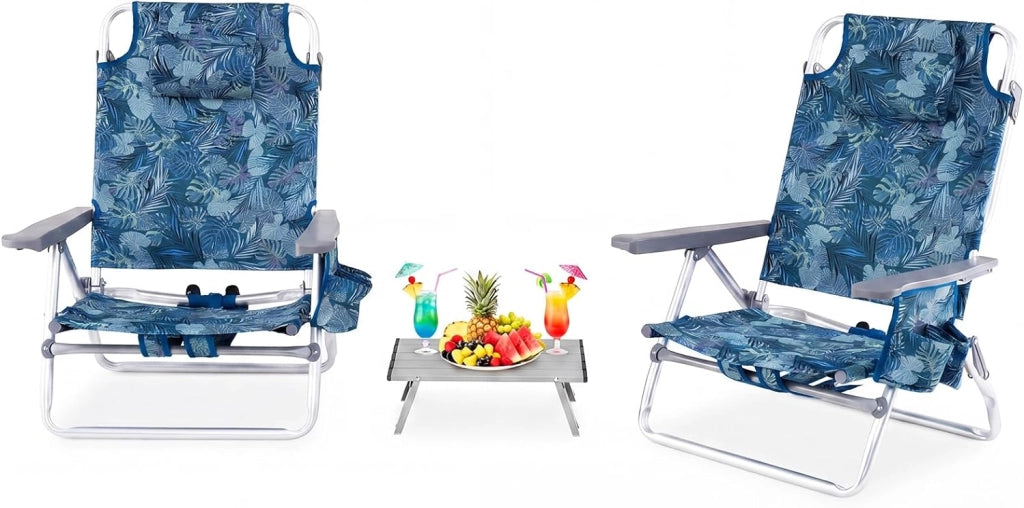 Set di 2 Sedie e Tavolino da Spiaggia Pieghevole, Schienale Regolabile a 5 Livelli, con Portatesta, Borsa Portaoggetti, Borsa Termica, per Campeggio Picnic Esterno (Blu Scuro, Modello 2)