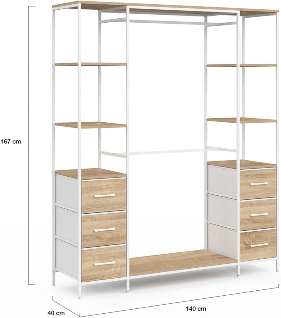 Armadio doppio UTAH + colonna doppia L. 140 cm con 6 ripiani e 6 cestini in legno e tessuto bianco