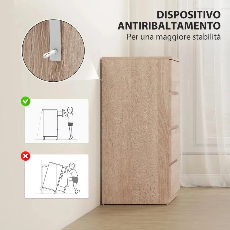 CASSETTIERA 4 CASSETTI IN LEGNO CON GUIDE IN METALLO E MANIGLIE SCANALATE, 60X40X80 CM, COLOR FAGGIO