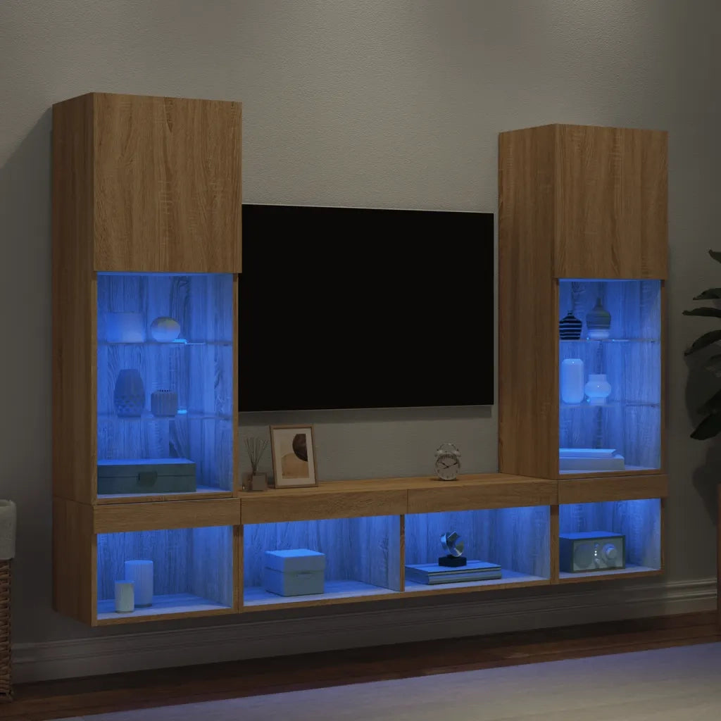Mobili TV a Muro con LED 5pz | Armadietto TV | Mobile Porta TV Rovere Sonoma Legno Multistrato
