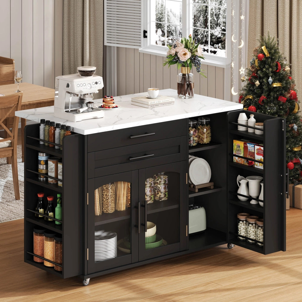 Carrello da cucina con piano pieghevole; cassetti e ante in vetro; MDF; nero