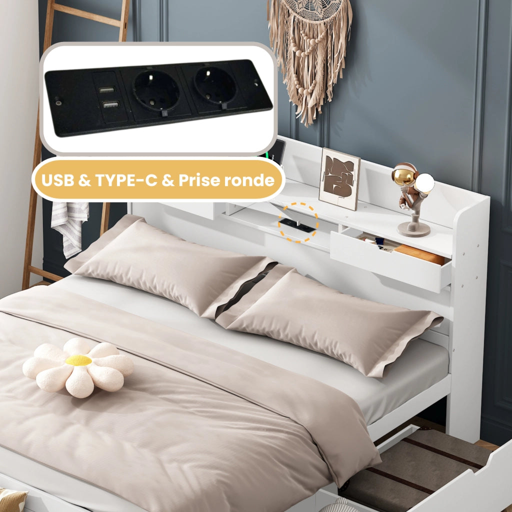Letto Contenitore 140x200 cm; USB; Type-C e Scomparti in Legno e MDF Bianco