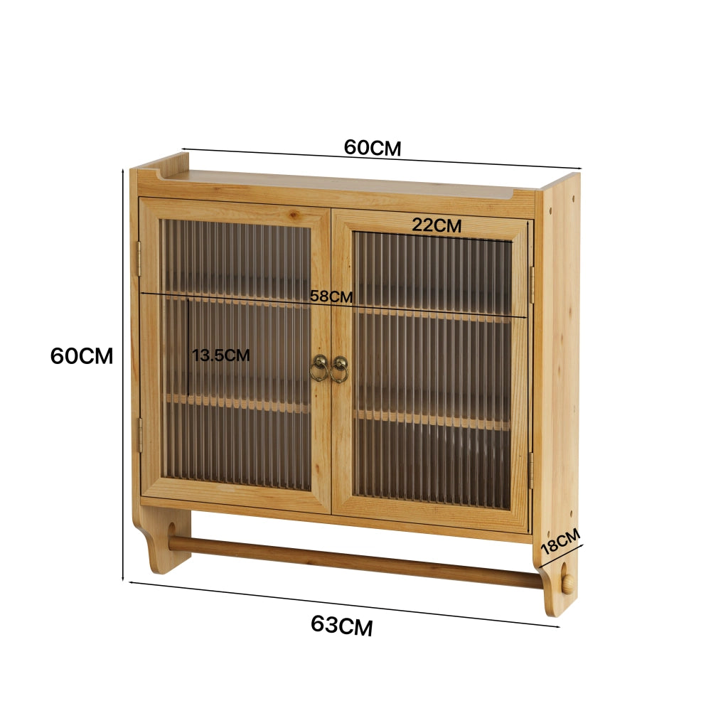 Pensile con 2 Ante; 3 Ripiani rimovibili e Portaasciugamani per Bagno in Legno; 63×18×60 cm; Naturale