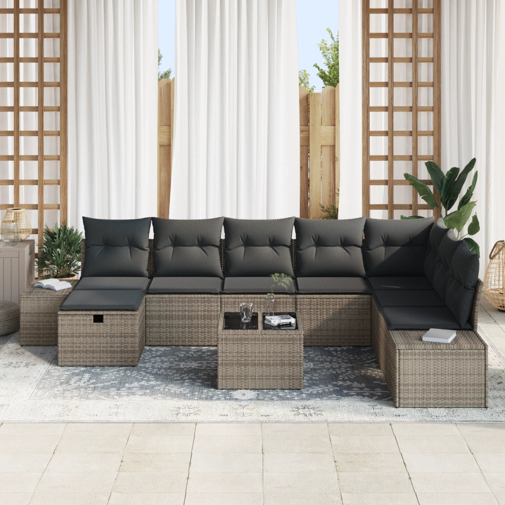 Set Divano da Giardino a 9 Pezzi con Cuscini Grigi in Rattan Sintetico