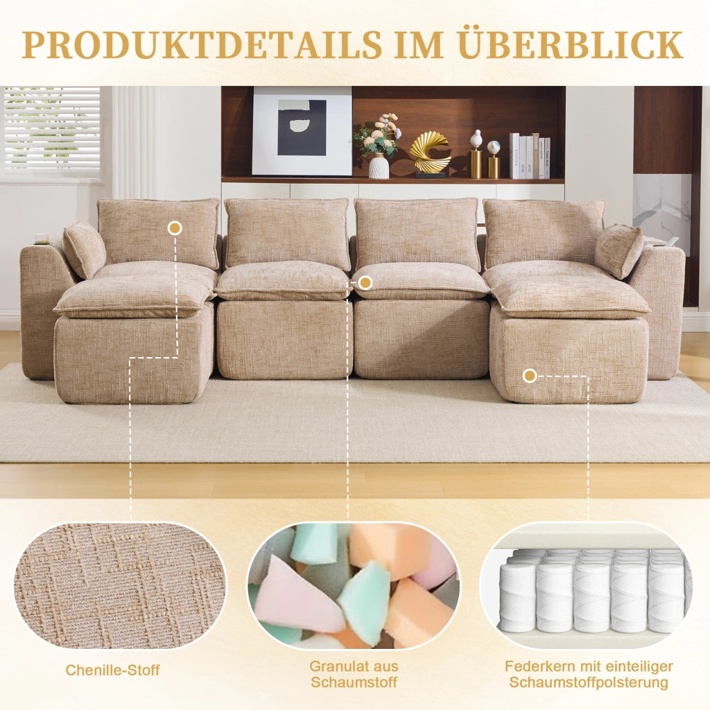 Divano modulare 4 posti con tasche laterali, cuscini e anima a molle, in ciniglia khaki per soggiorno 322 × 161 × 75 cm