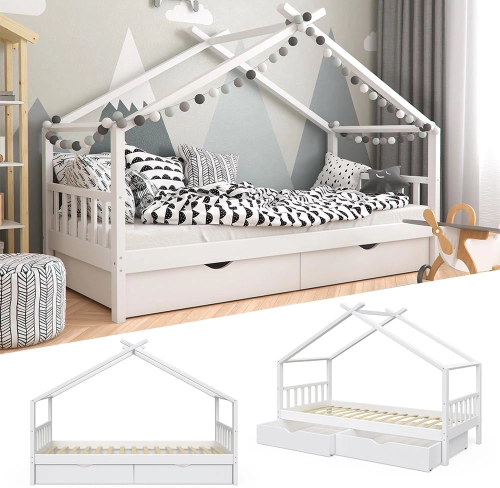 Letto montessori bambini Design, Bianco, 90x200 cm con 2 cassetti, con sponda anticaduta e rete a doghe per un sonno sicuro