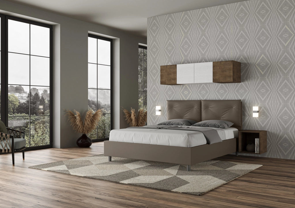 Letto Matrimoniale 160x190 cm con Rete e Contenitore con Alzata Comoda Imbottito in Similpelle Appia Cappuccino