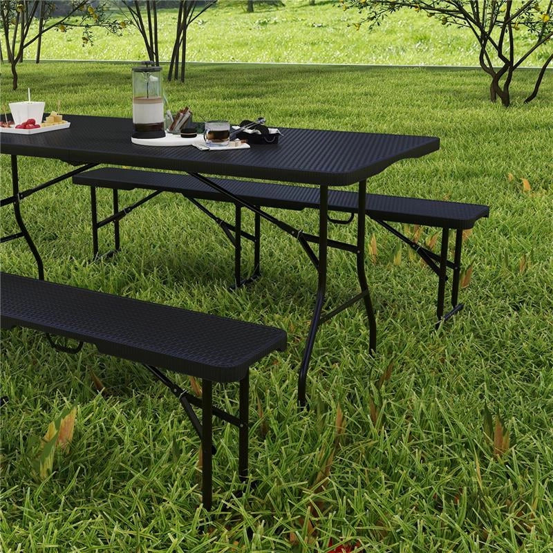 SET DA PIC NIC PIEGHEVOLE A 3 PEZZI CON TAVOLO E 2 PANCHE IN HDPE E METALLO, NERO