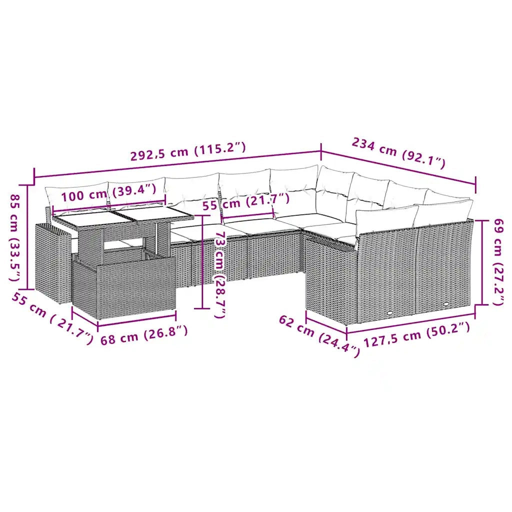 Set Divani da Giardino 10pz con Cuscini in Polyrattan Nero