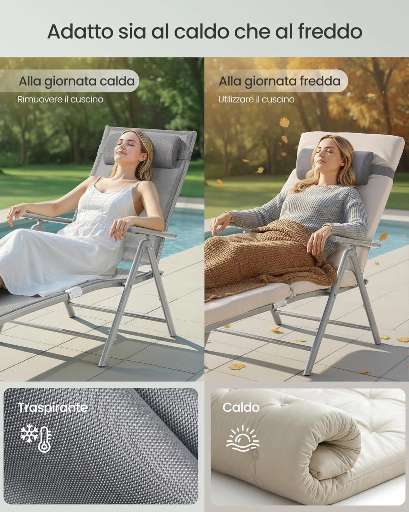 SONGMICS Lettino Prendisole, Pieghevole, Sedia a Sdraio con Materassino da 6 cm, Poggiatesta Rimovibile, Traspirante, Schienale Regolabile, Portata Fino a 150 kg, Beige Sabbia GCB024WZ02