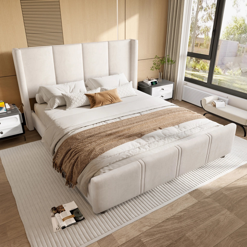 DESMIU Letto adulto 140 × 200 cm 2 posti con USB e testiera alta, senza materasso, in velluto, beige