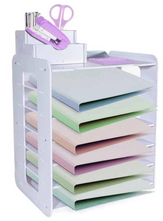 HMXLJJY 7-cassetti per lettere, contenitore per fogli A4, carrello per ufficio, organizzatore per ufficio con cassetti archiviazione ripiegabili, organizzatore per ufficio con contenitore per penne, bianco