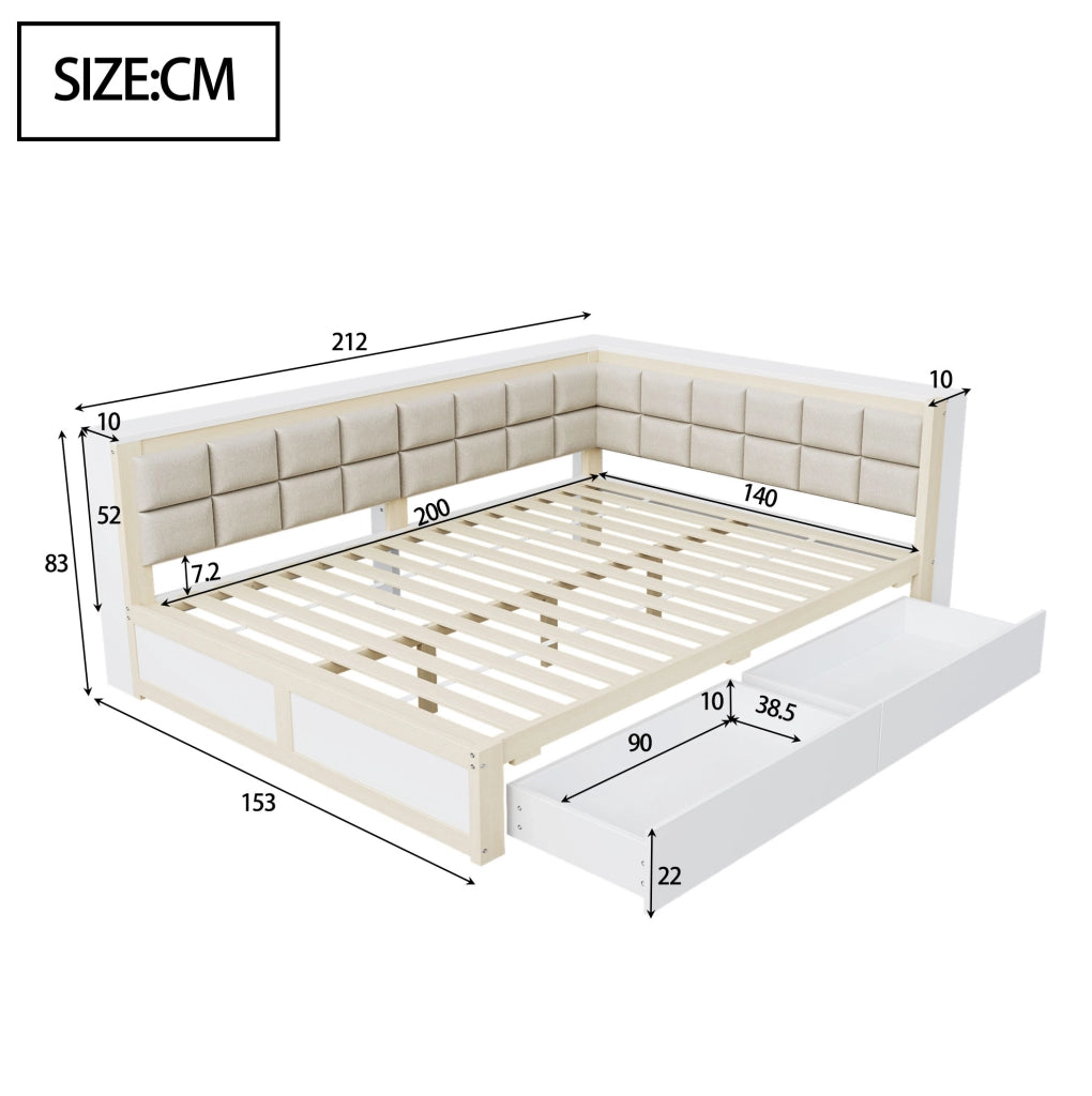 Divano letto in legno 140x200 cm con schienale imbottito e 2 cassetti; colore naturale