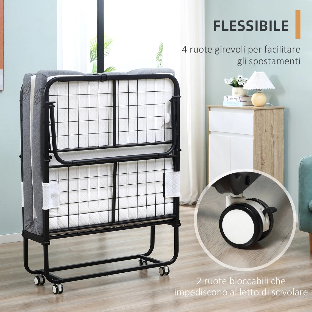 Letto Pieghevole Singolo 90x200 cm con Materasso Spesso 10 cm. Rete in Metallo e Ruote con Freno. Nero