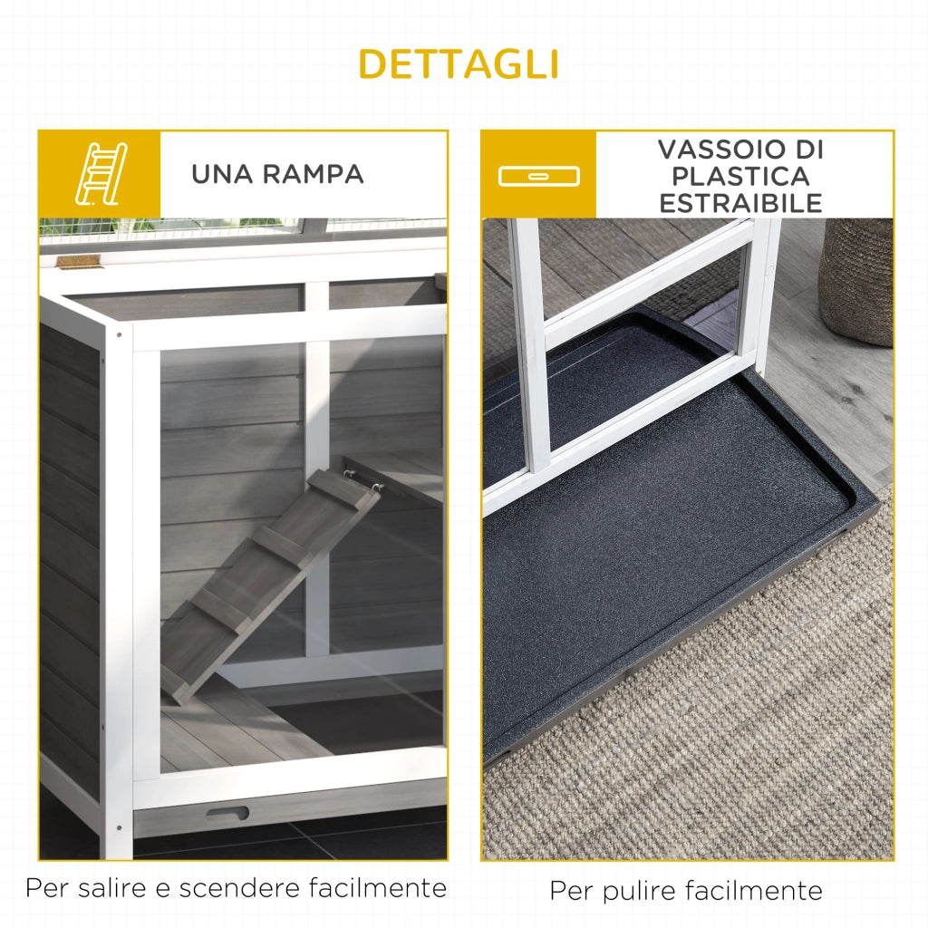 Conigliera in Legno a 2 Piani con Casetta. Rampa e Vassoio Estraibile. 91.5x53.3x73cm