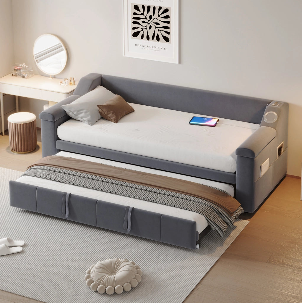 Divano letto estraibile 90/180x190 cm con Bluetooth; USB e vani in velluto grigio