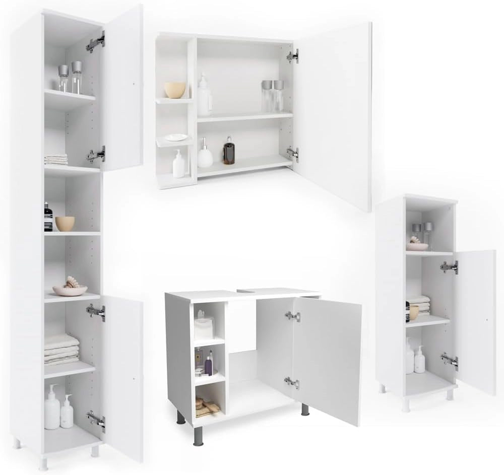Set mobili bagno Fynn, Bianco, 60 cm, composto da mobile lavabo, pensile a specchio, colonna e base media