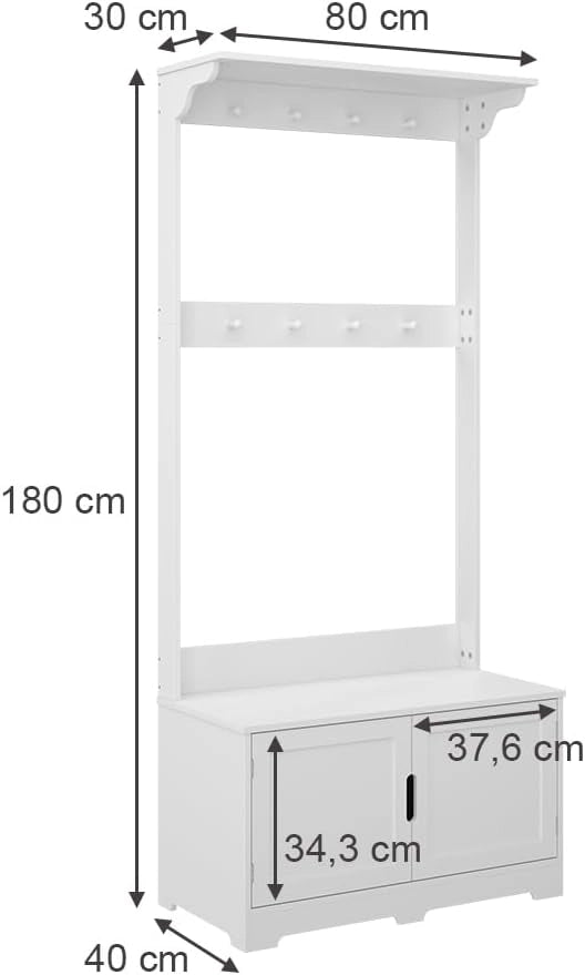 Appendiabiti Lysa, Bianco, 80 x 180 cm con 2 porte, per riporre giacche, scarpe e accessori
