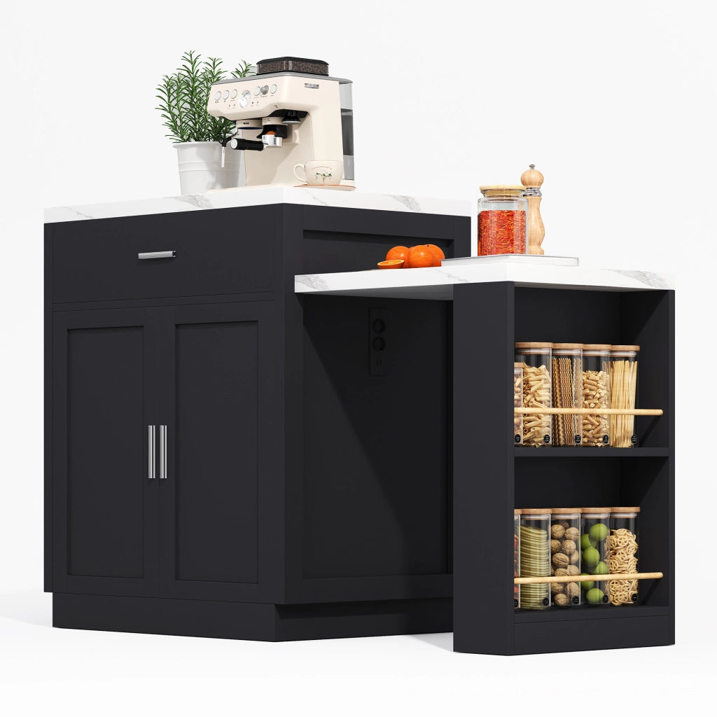Isola da Cucina con 2 Cassetti; 1 Anta; Ripiano Regolabile; Tavolo Estensibile e Prese; in MDF; 211 x 55 x 89;5 cm; Nero