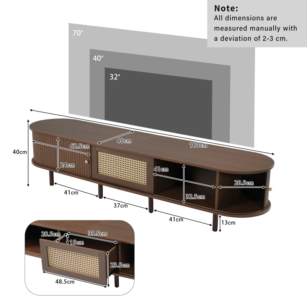Mobile TV con 1 cassetto; 2 ante scorrevoli e 1 vano aperto; piedi regolabili per soggiorno; in MDF; noce scuro; 180 × 40 × 40 cm