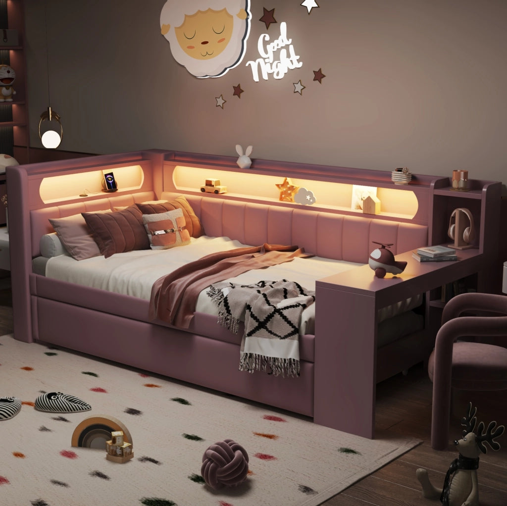 Letto singolo imbottito 90x200 cm rosa con LED, USB ed estraibile