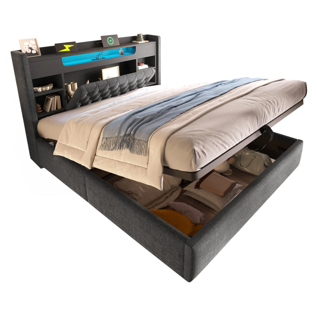 Letto matrimoniale 180x200 cm con contenitore， luce da lettura， 2 porte USB e rete sollevabile in cuoio rigenerato grigio， senza materasso