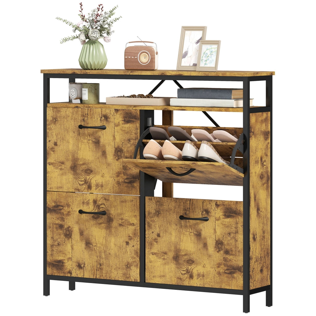 Armadio per scarpe con 4 cassetti pieghevoli ¨C zephmum ¨C Stile sottile, scaffale aperto, acciaio, marrone