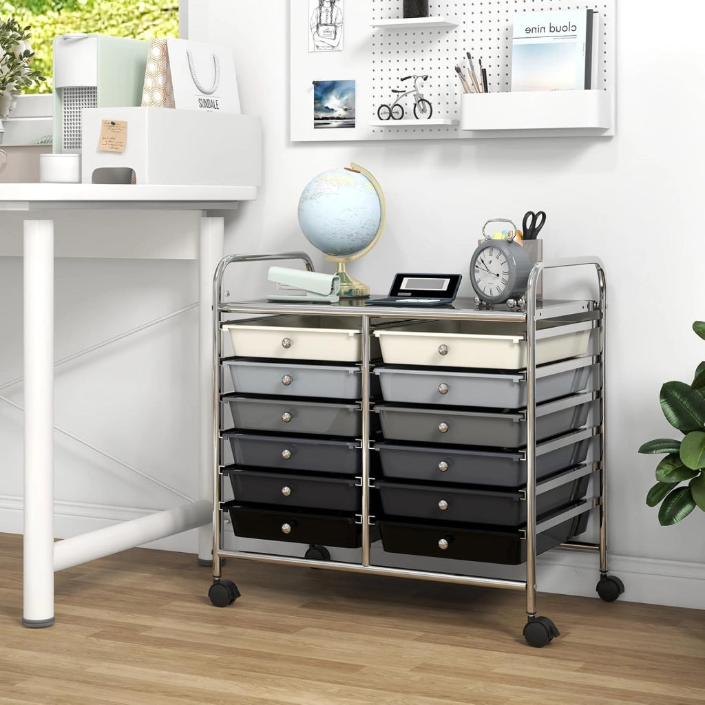 Carrello di Stoccaggio con 12 Cassetti, Carrello portaoggetti con 4 Ruote, Carrello Multiuso per Scuola Ufficio Cucina, 64 x 38 x 62 cm (12 cassetti Grigio sfumato)