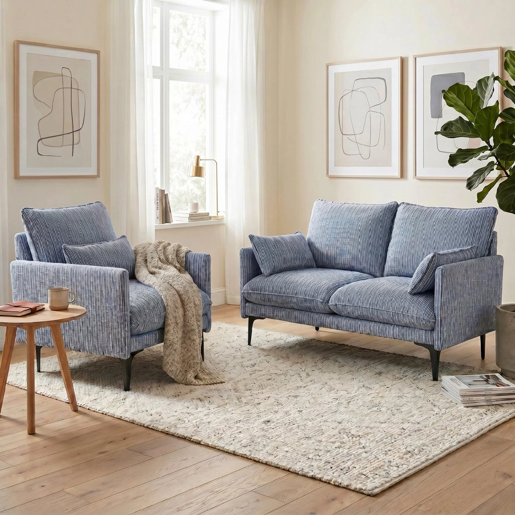 Poltrona Salotto Imbottita 73x80x80 cm con Braccioli Cuscino Lombare e Seduta Ampia in Tessuto Effetto Lino Blu