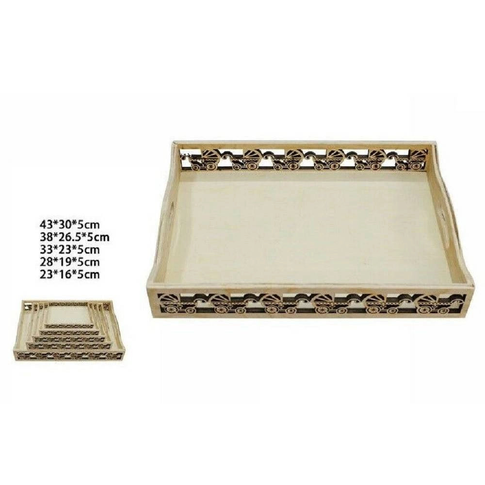 Trade Shop - Set 5pz Cassette Vassoi In Legno Naturale Decorato Varie Misure Decoupage 53395a -