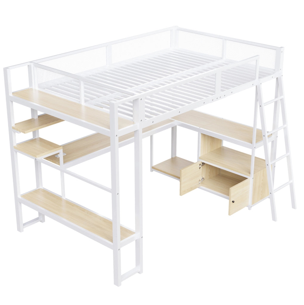 Letto a soppalco 140x200 cm con scrivania; LED e portaoggetti in MDF e metallo bianco