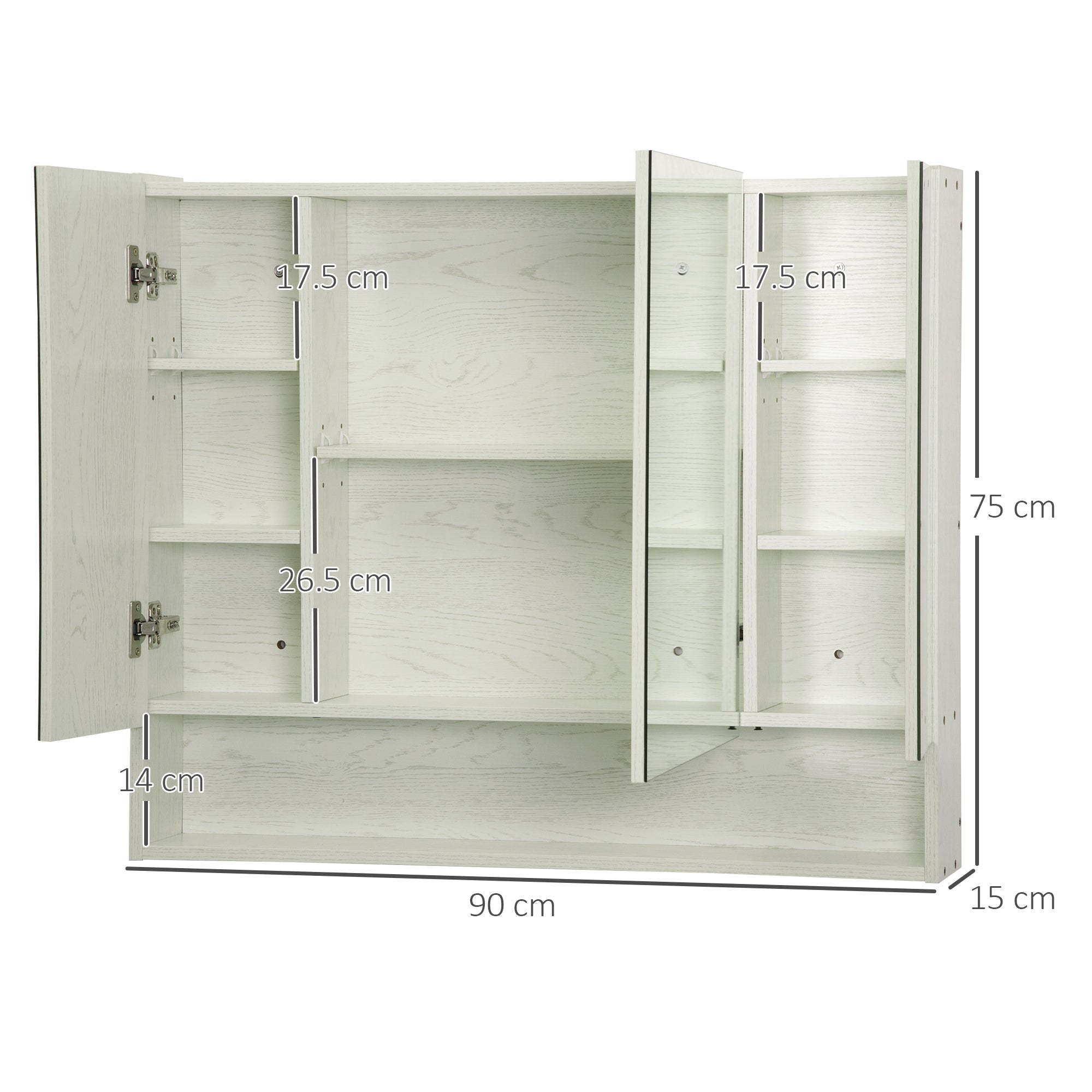 Armadietto a Specchio per Bagno con Ripiani Regolabili 3 Porte e Mensola 90x15x75 cm Bianco