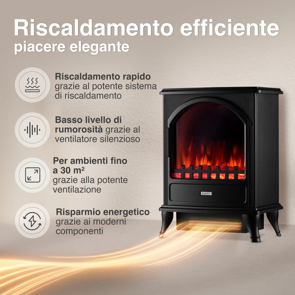 KAMINIO Camino elettrico LENI - Stufa elettrica con riscaldamento, effetto fiamma 3D - Nero